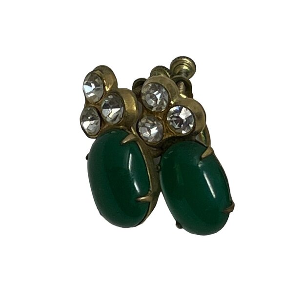 Vintage Screw Back Earrings Clear Rhinestones Green Glass Center Dangle Drop - Picture 7 of 8